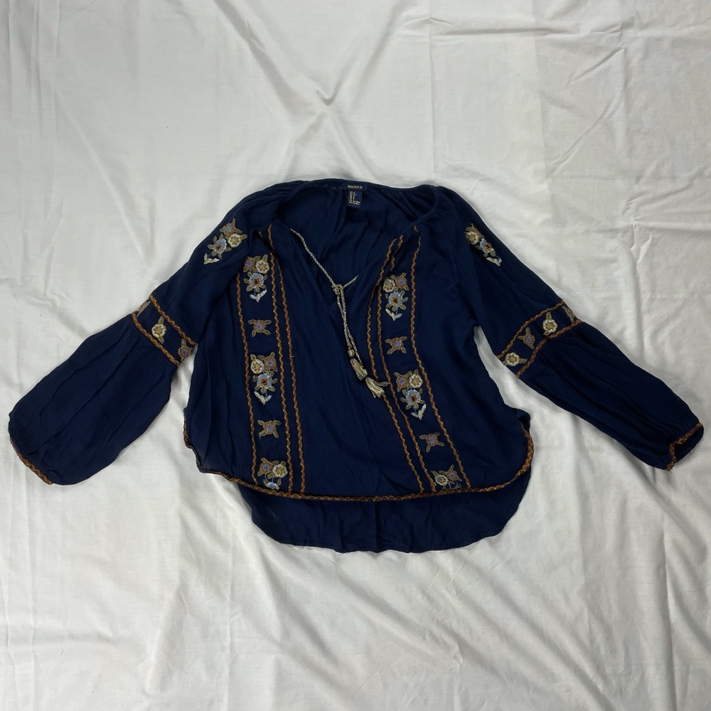 FOREVER 21 Boho Embroidered Peasant Blouse with Tassels, Small - Picture 2 of 5